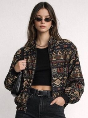 Vintage 90s black and brown pattern zip up bomber style jacket 100%silk. Small
